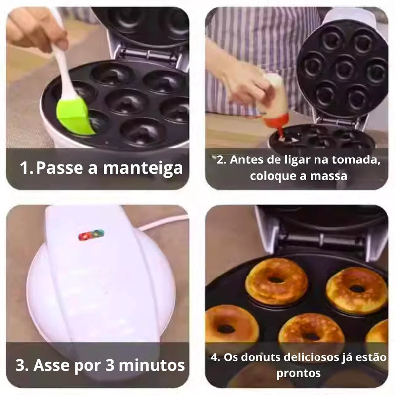 Mini Maquina de Donuts 7 Bocas Superficie Antiaderente Fácil de Usar e Lavar Confeitaria Doce